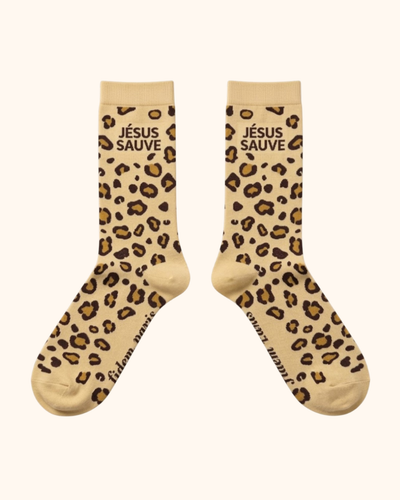 Chaussettes léopard Jésus Sauve FIDEM – visuel principal, motif animal