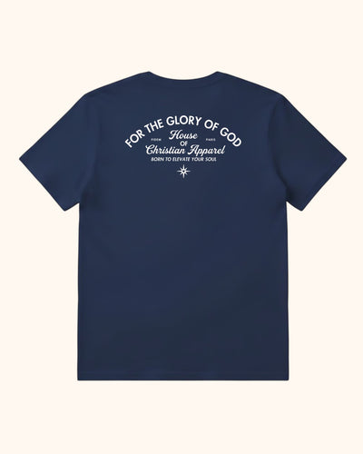 Fidem navy blue short-sleeve t-shirt with white For the Glory of God text printed on the back