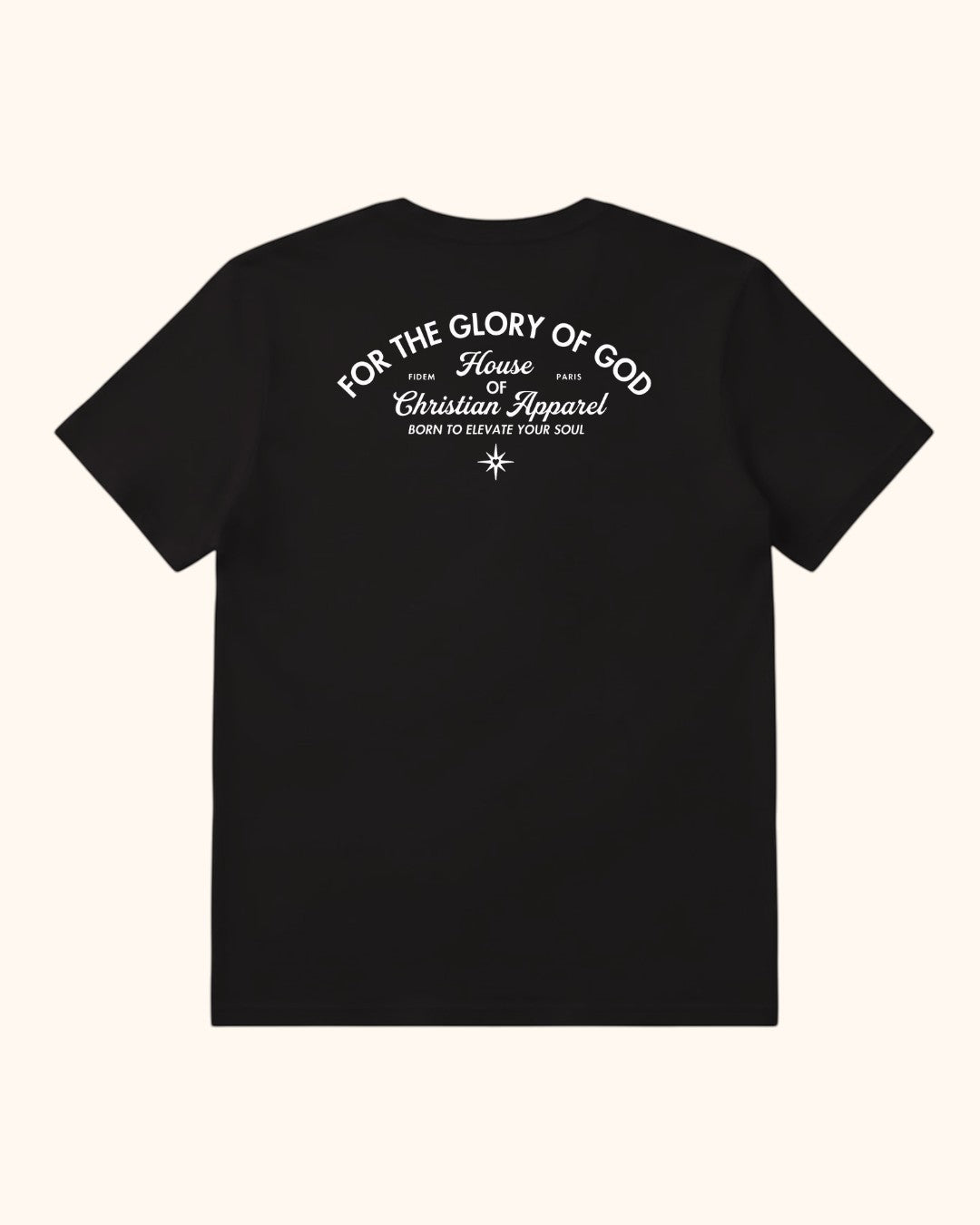 Fidem black cotton t-shirt with white For the Glory of God text and star logo printed on the back